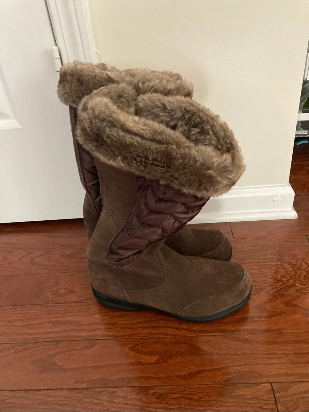 Lands End Winter Snow Boots 9B Sophia Brown Leather Faux Fur Lined Tall Zip Up